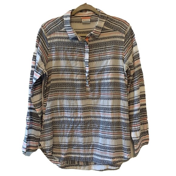 Columbia Womens Size Large Multicolor Stripe Popover Long Sleeve Cotton Blouse - Picture 1 of 6